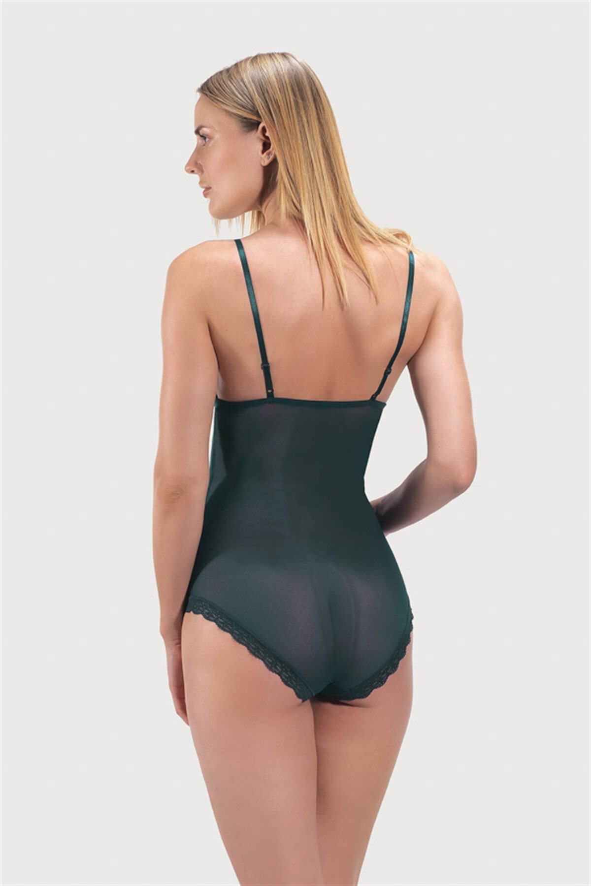 Tenan Yeşili Çıtçıtlı Dantel Detaylı Kaplı Dekolte Kadın Bodysuit