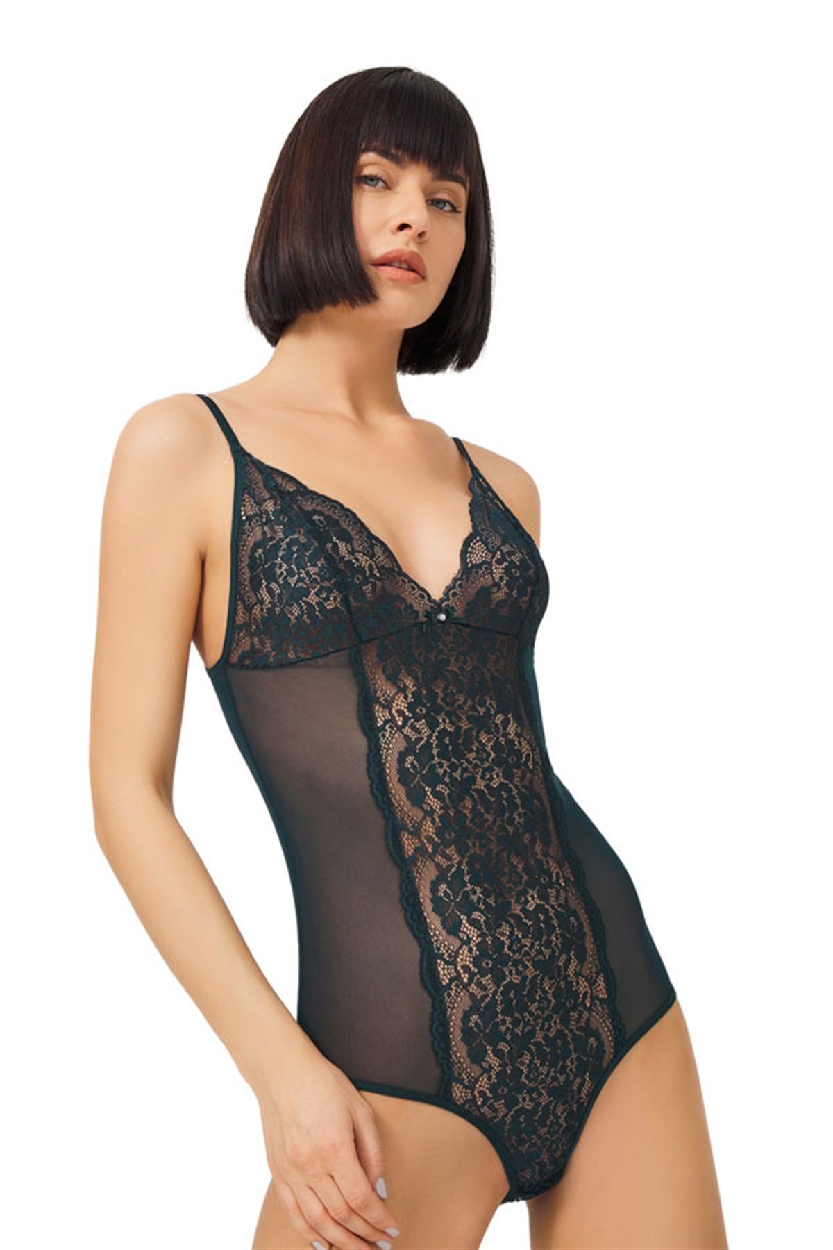 Tenan Yeşili Çıtçıtlı Dantelli Transparan Balensiz Kadın Bodysuit
