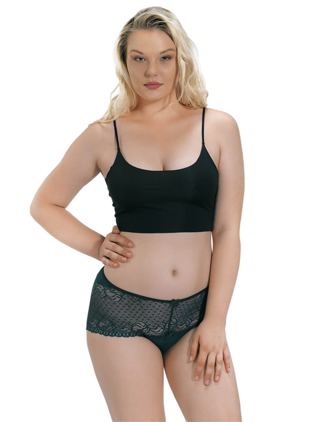 Tenan Yeşili Dantelli Tül Detaylı Büyük Beden Kadın Bikini Külot