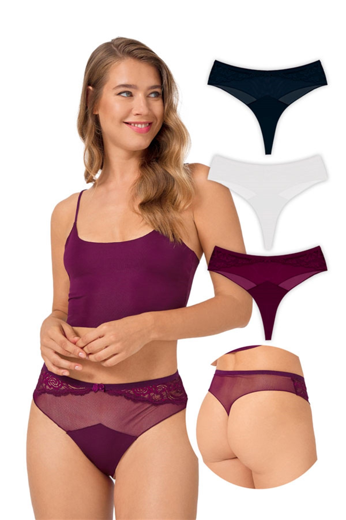 Transparan Dantel İşlemeli Kadın Tanga Külot 3'lü Paket - 2