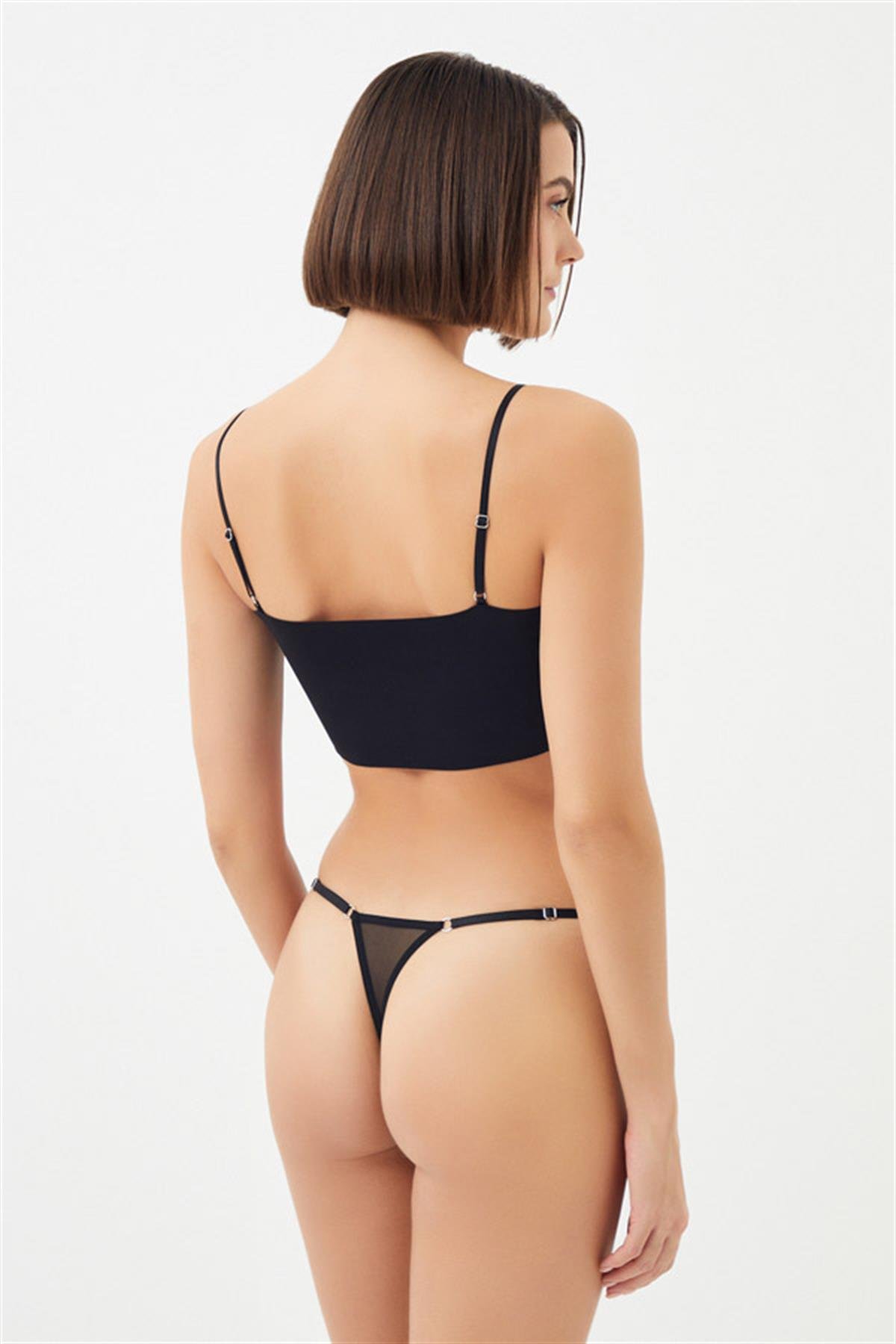 Transparan Tül Saten Detaylı Ayarlanabilir Lastikli Kadın Tanga Külot 3'lü Paket