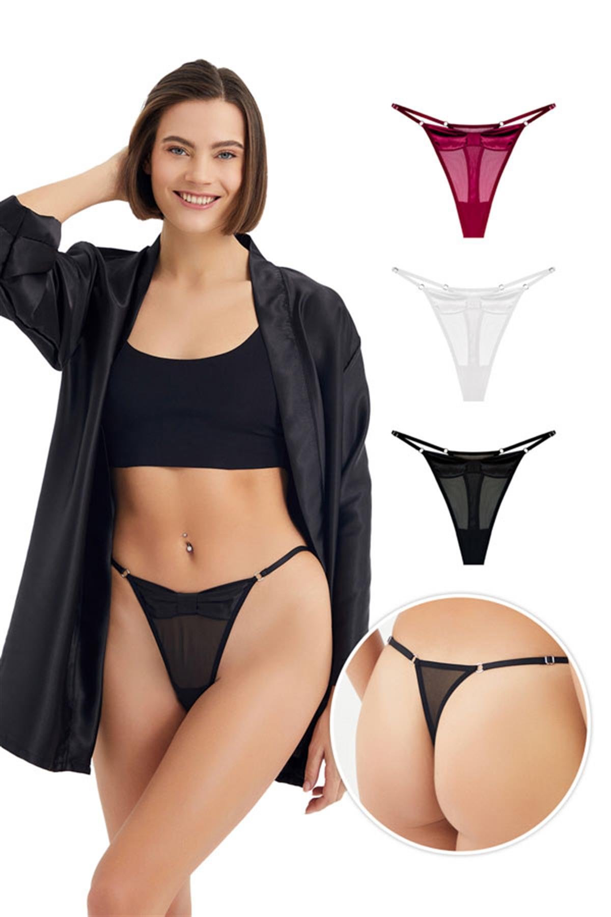 Transparan Tül Saten Detaylı Ayarlanabilir Lastikli Kadın Tanga Külot 3'lü Paket
