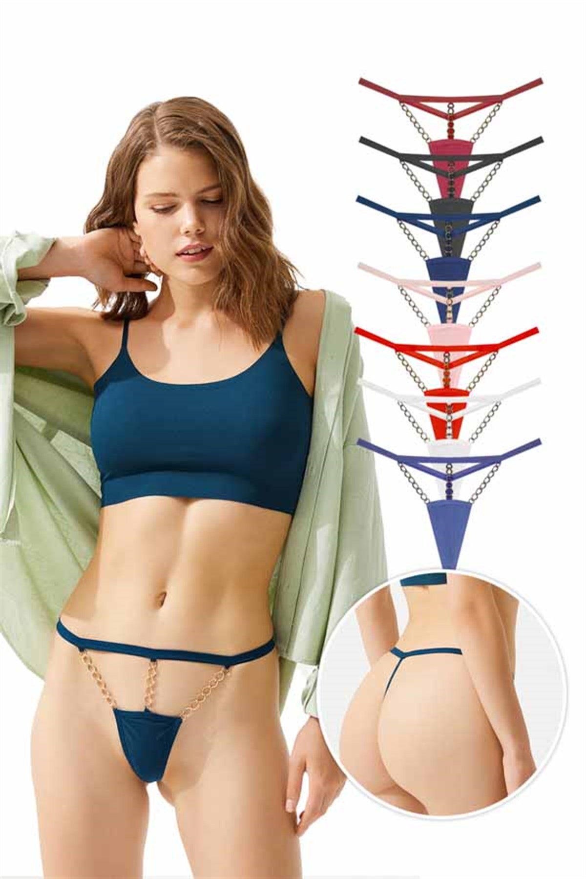 Tüllü Zincir Detaylı Kadın String Külot 7'li Paket