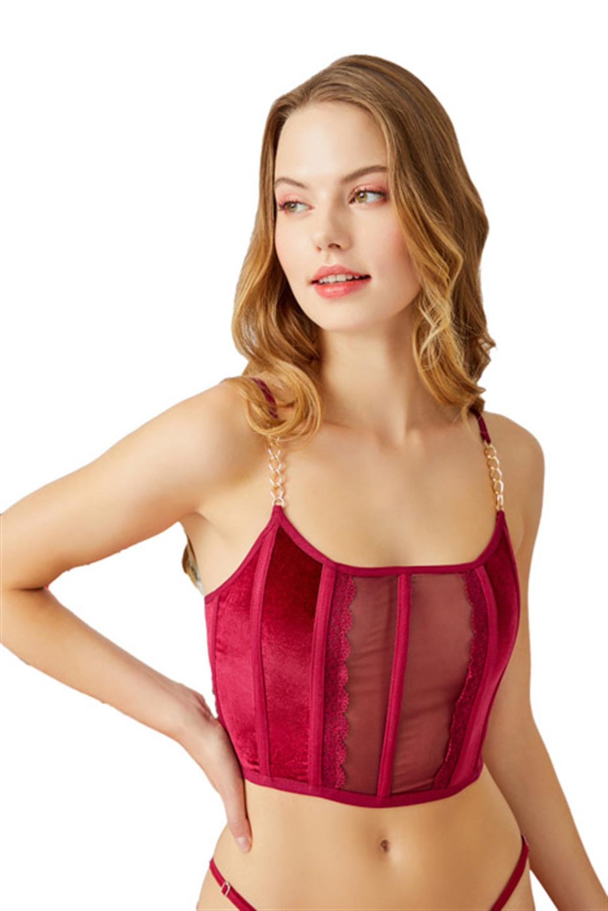 Vişne Ayarlanabilir Lastikli Tül Detaylı Kadın Kadife Bralet