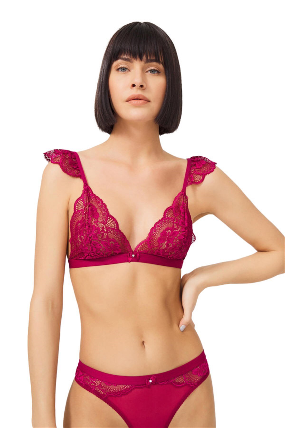 Vişne Dantelli Omuz Detaylı Transparan Üçgen Kadın Sütyen Takımı