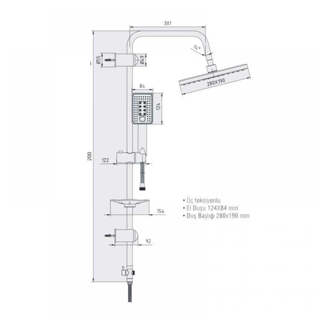AR Pinus Banyo Tepe Duş Seti Dikdörtgen Duş Takımı Mat Siyah Renkli 102158024