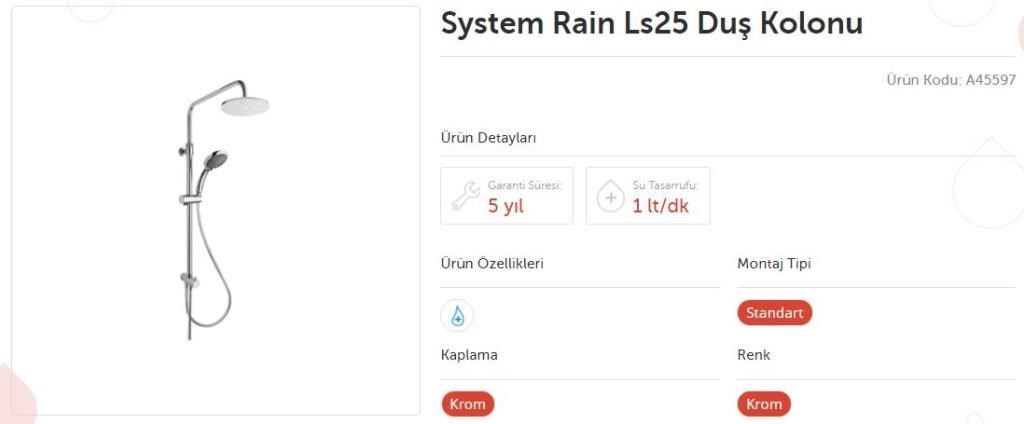 Artema System Ls25 Rain Tepe Duş Kolonu Seti Robot Sistem A45597