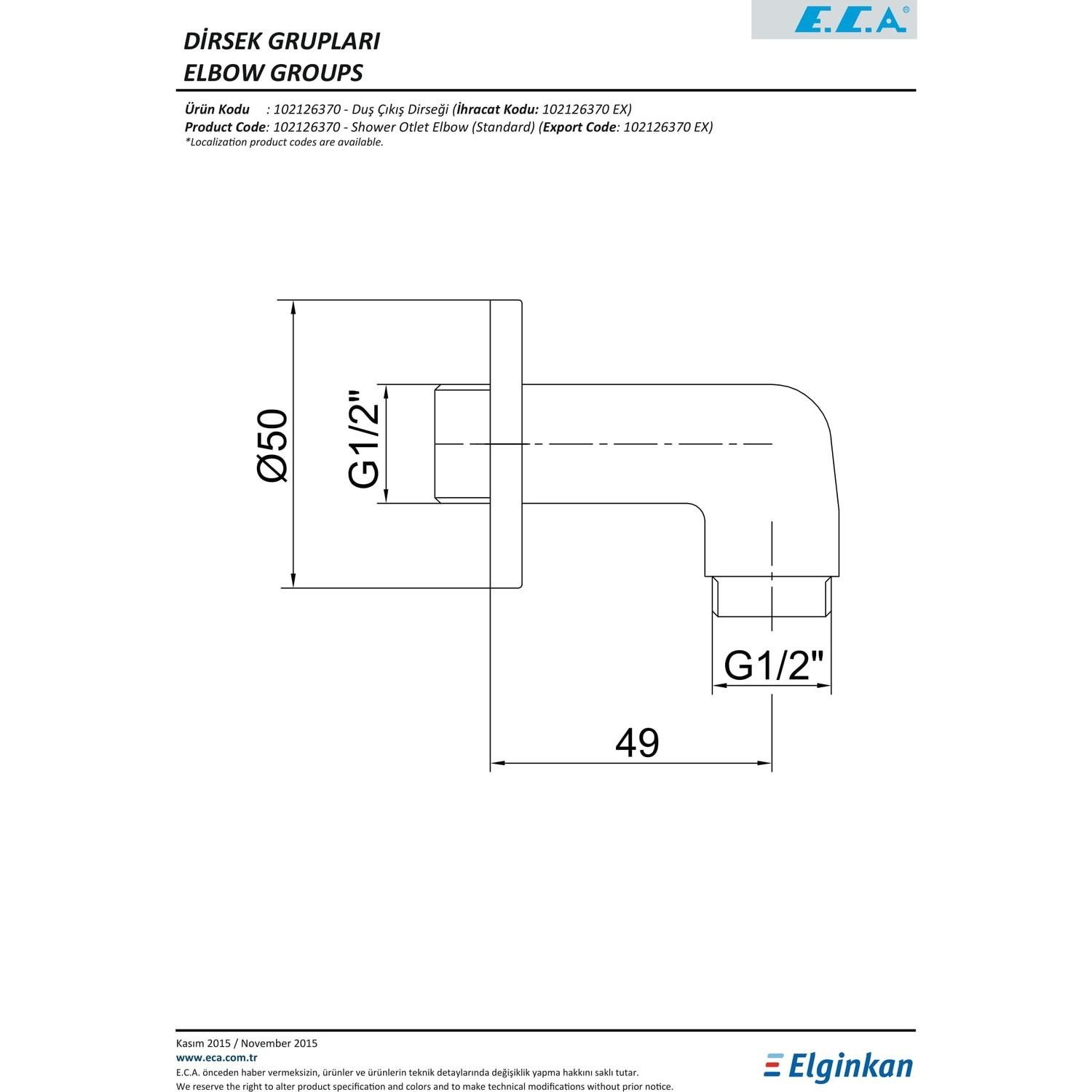 ECA Ankastre Duş Çıkış Dirseği  102126370