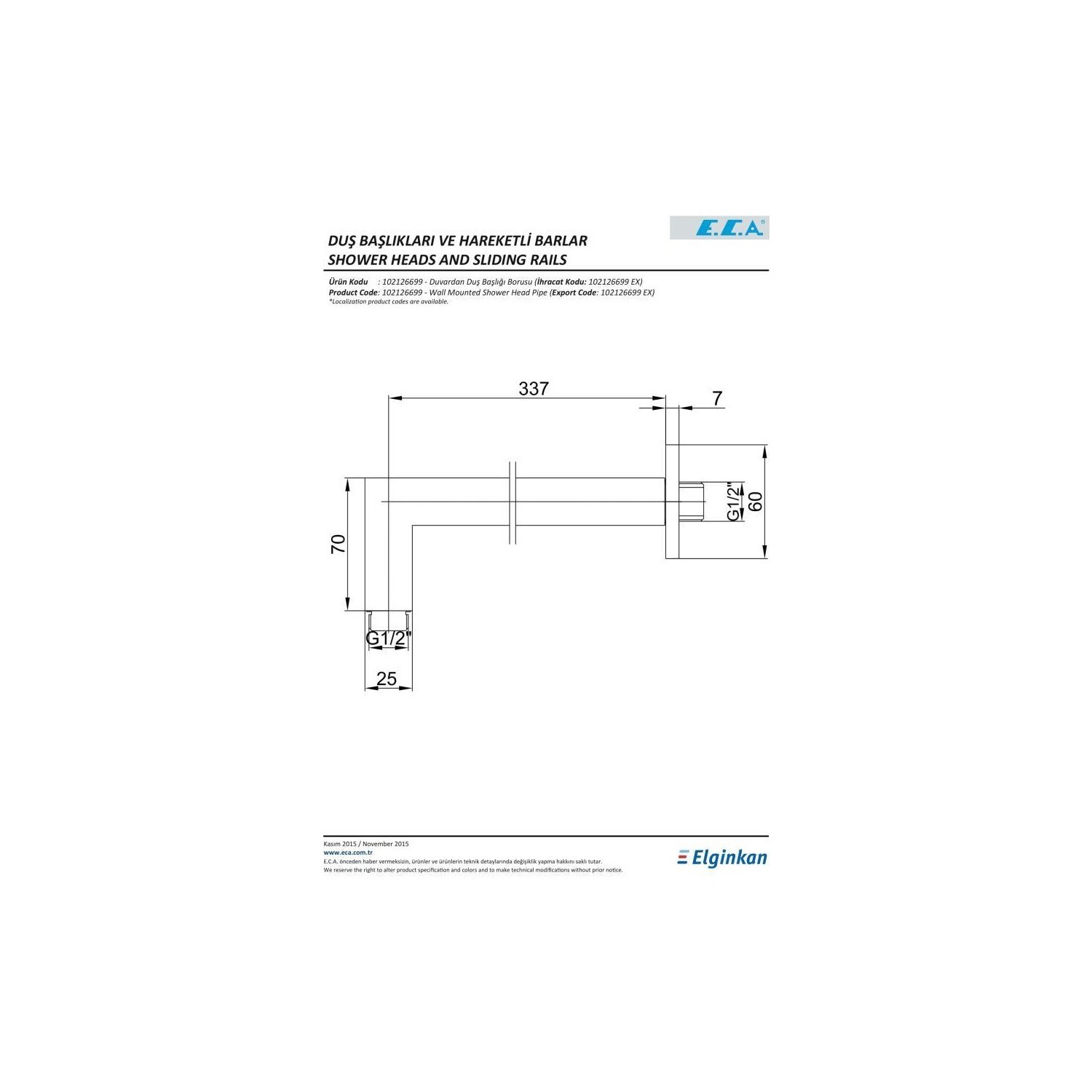 ECA Ankastre Duvardan Tepe Duş Başlığı Borusu Kare 102126699