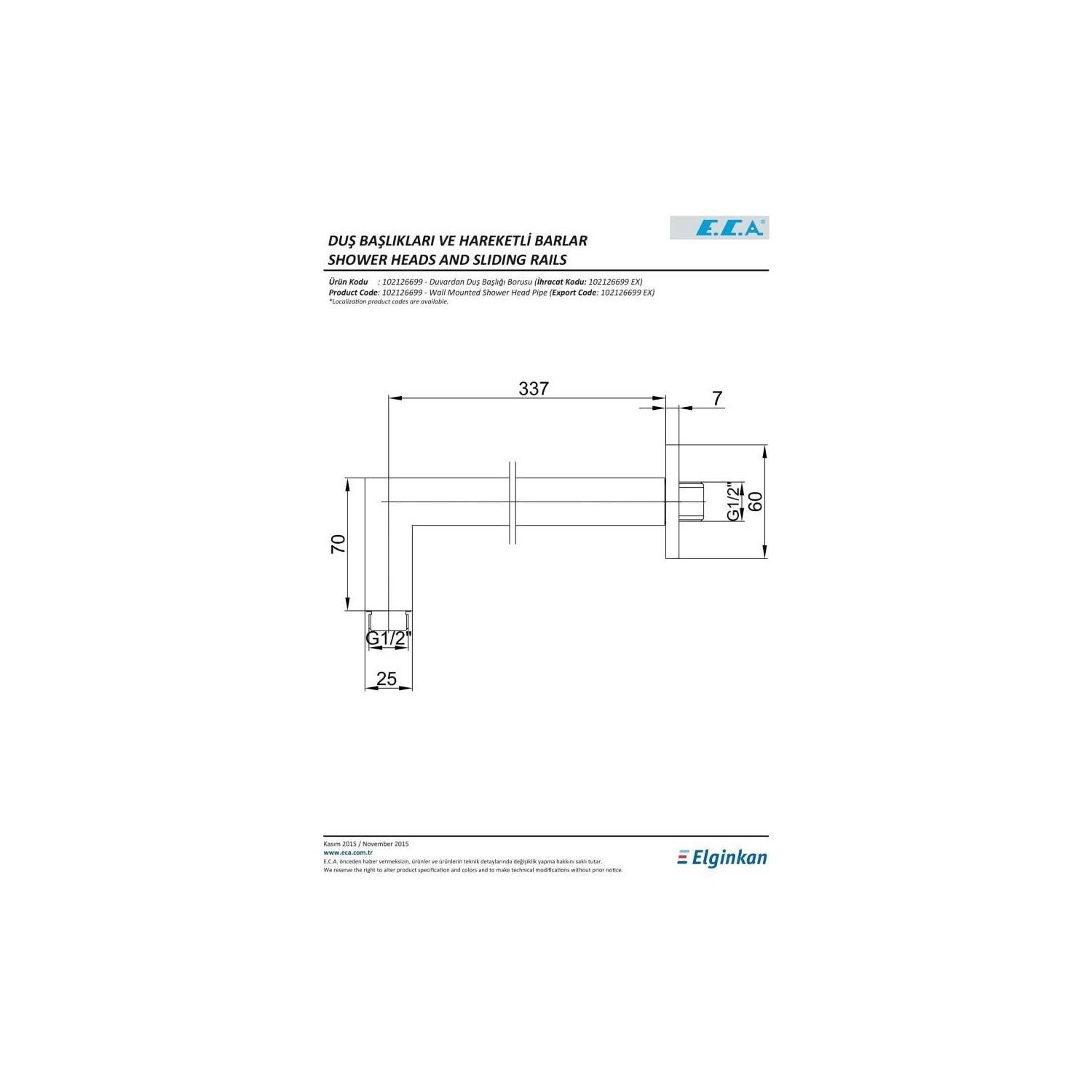 ECA Ankastre Duvardan Tepe Duş Başlığı Borusu Kare 102126699