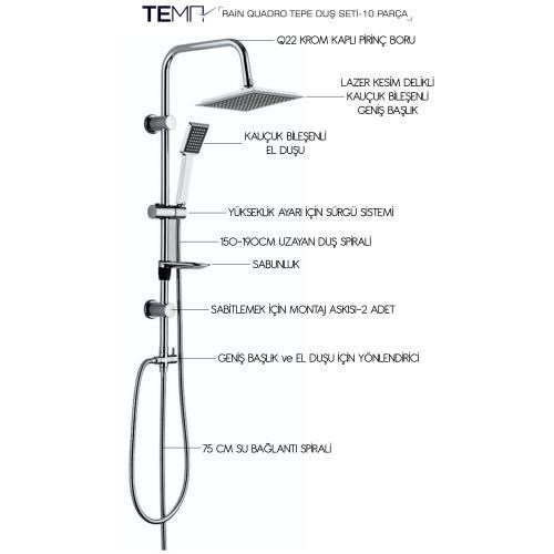 ECA Caro Banyo Bataryası+TEMA Rain Quadro Tepe Duş Takım+3'lü Raf  (424+53240+Süngerlik) 3'lü Set