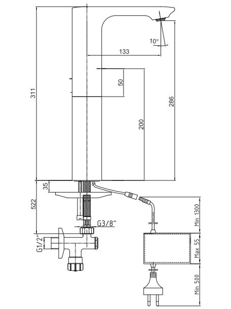 ECA Compact Fotoselli Yüksek Tip Lavabo Bataryası Elektrikli 108108045 Çift Su Girişli