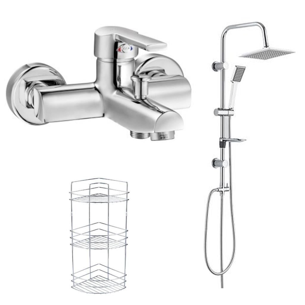 ECA Delta Banyo Bataryası+TEMA Rain Quadro Tepe Duş Set+3'lü Raf  (346+53240+Süngerlik) 3'lü Set
