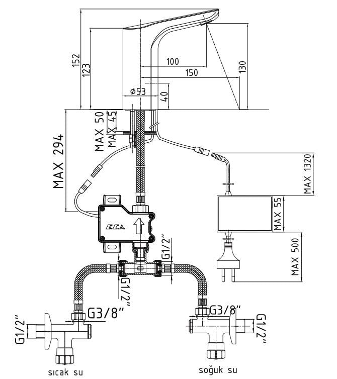 ECA Fotoselli Lavabo Bataryası Elektrikli 108108054 Çift Su Girişli
