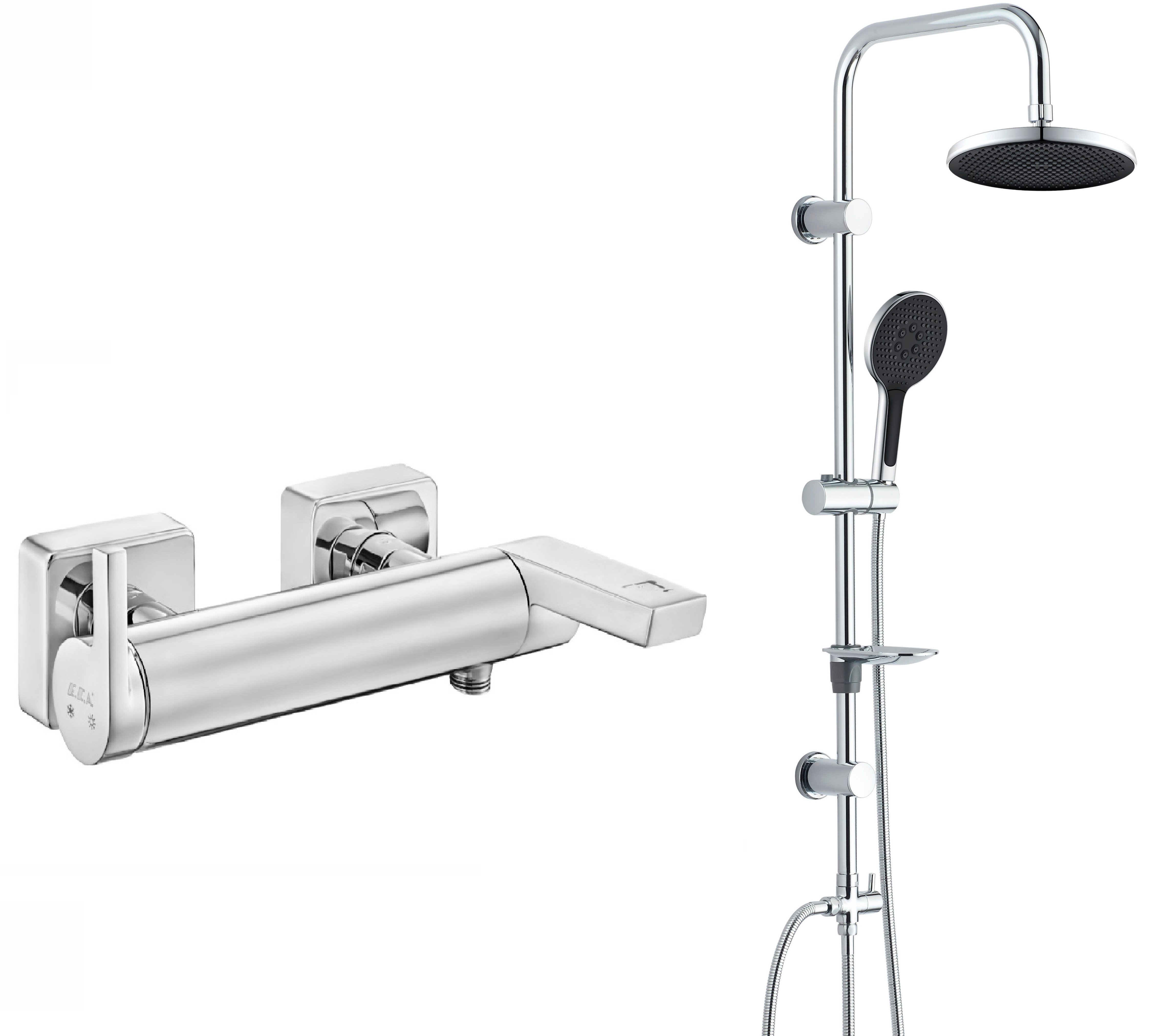 Eca İcon Banyo Bataryası + T-MAY Halıtlı Tepe Duş Takımı Seti Krom Paslanmaz