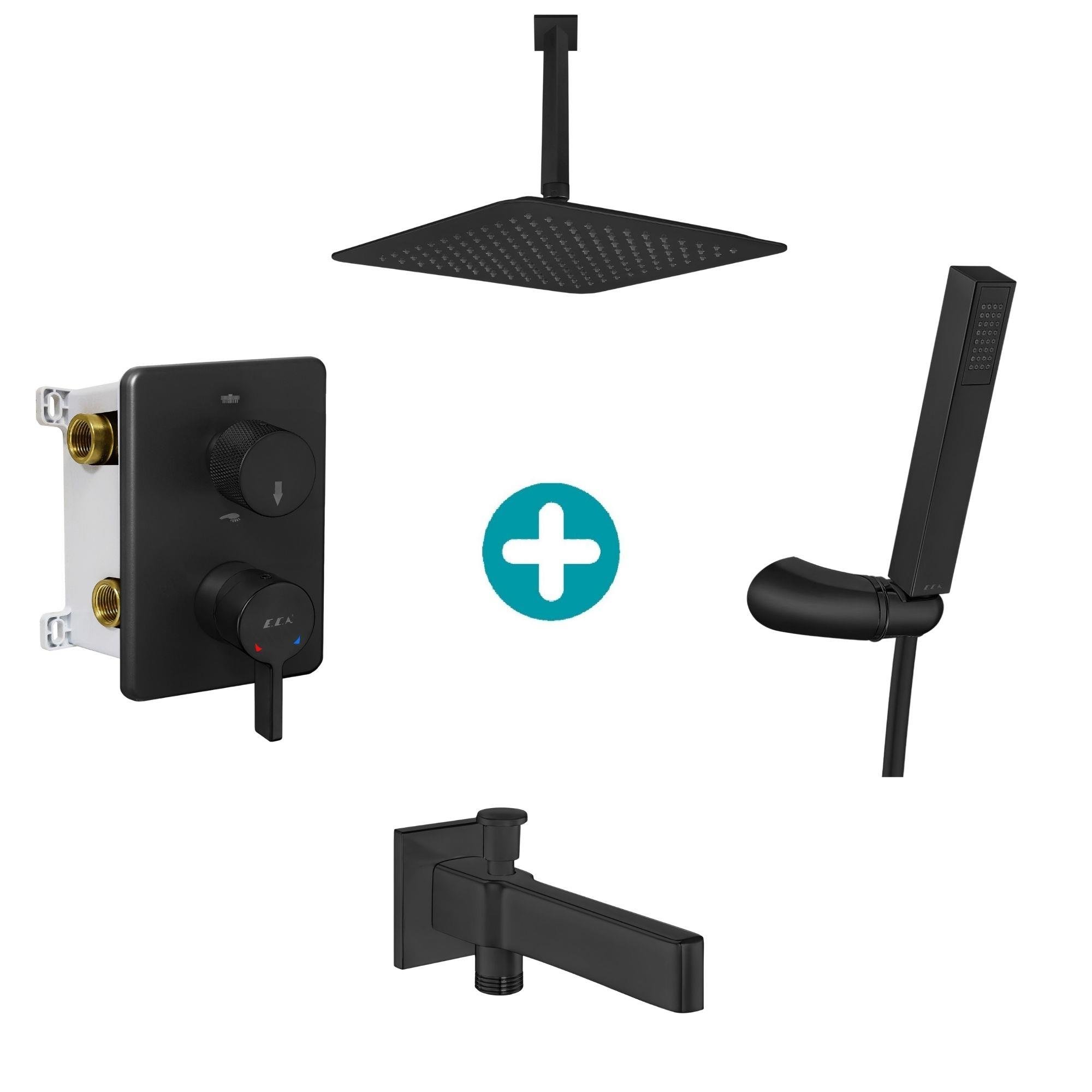 ECA Life Ankastre Gömme Banyo Bataryası Tavandan Mat Siyah Duş Seti Tüm Parçalar Dahil 