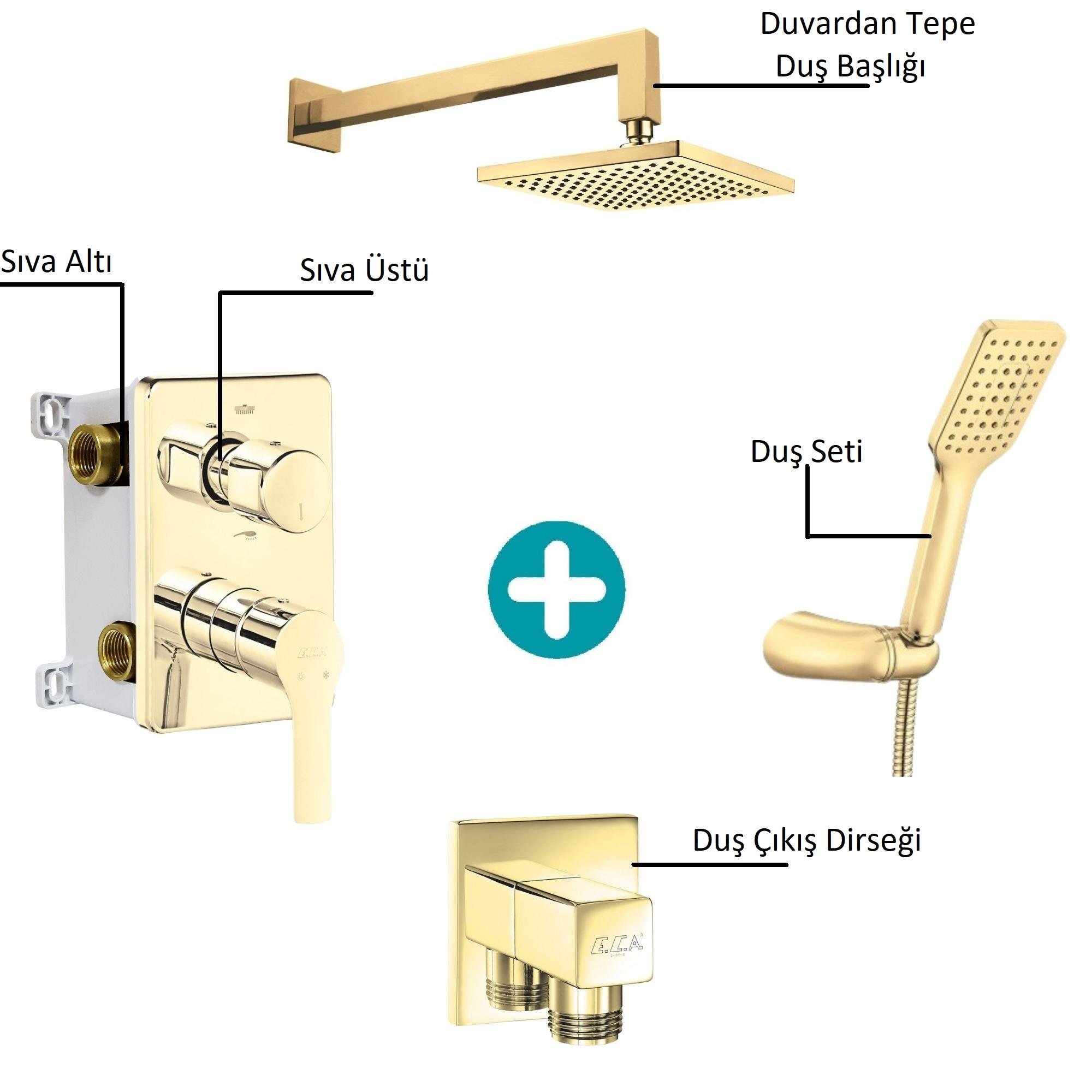 ECA Luna Ankastre 2 Yollu Gömme Banyo Bataryası Altın Renkli Duş Seti Duvardan Tüm Parçalar Dahil