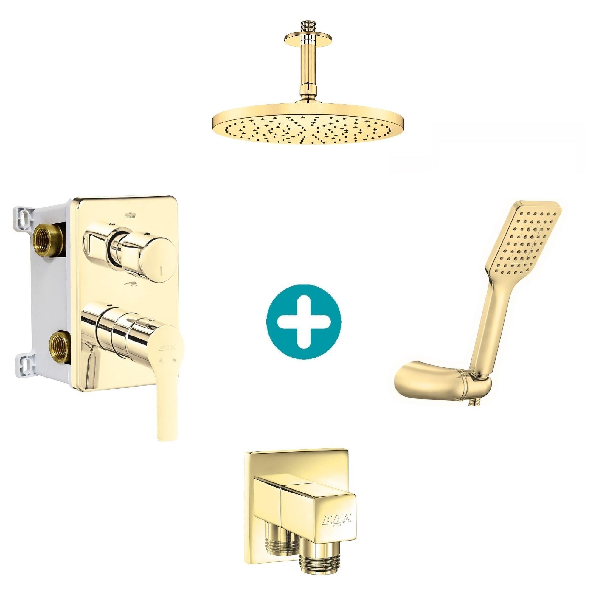 ECA Luna Ankastre 2 Yollu Gömme Banyo Bataryası Altın Renkli Duş Seti Tüm Parçalar Dahil Tavandan Yuvarlak Başlık