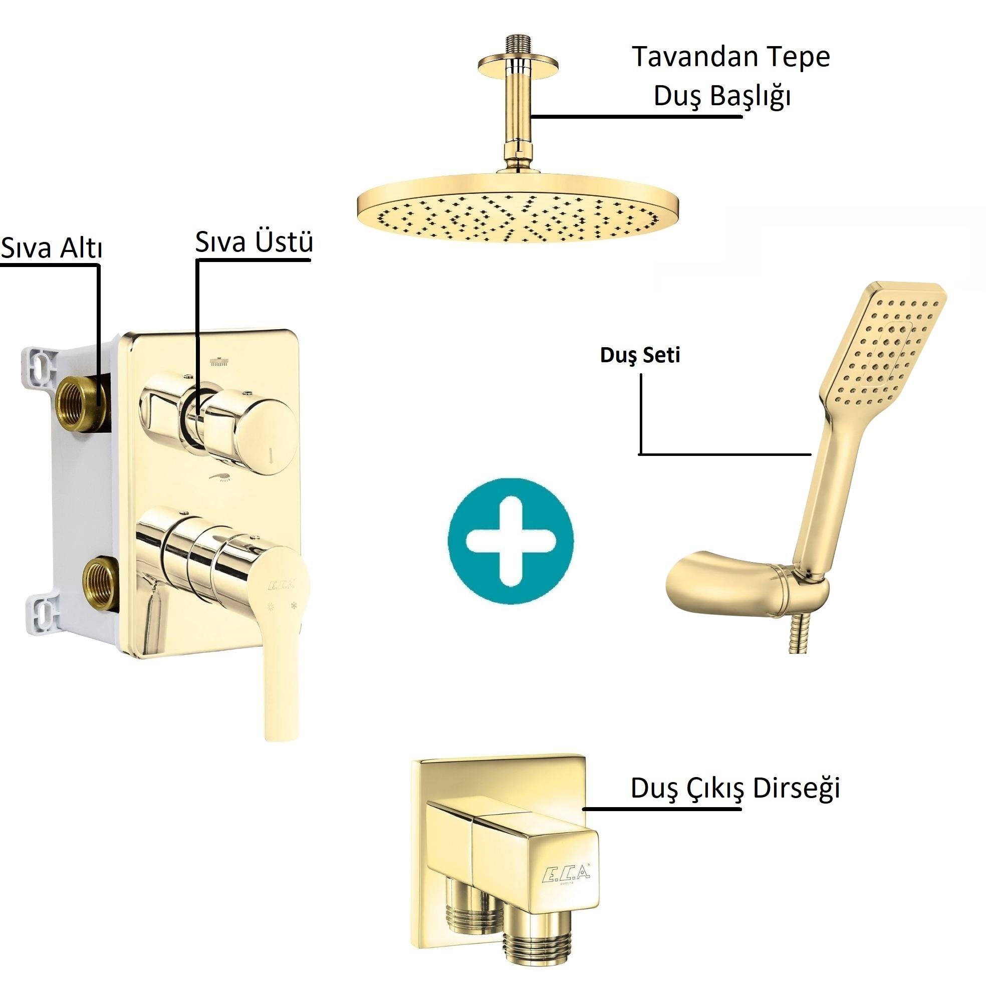 ECA Luna Ankastre 2 Yollu Gömme Banyo Bataryası Altın Renkli Duş Seti Tüm Parçalar Dahil Tavandan Yuvarlak Başlık