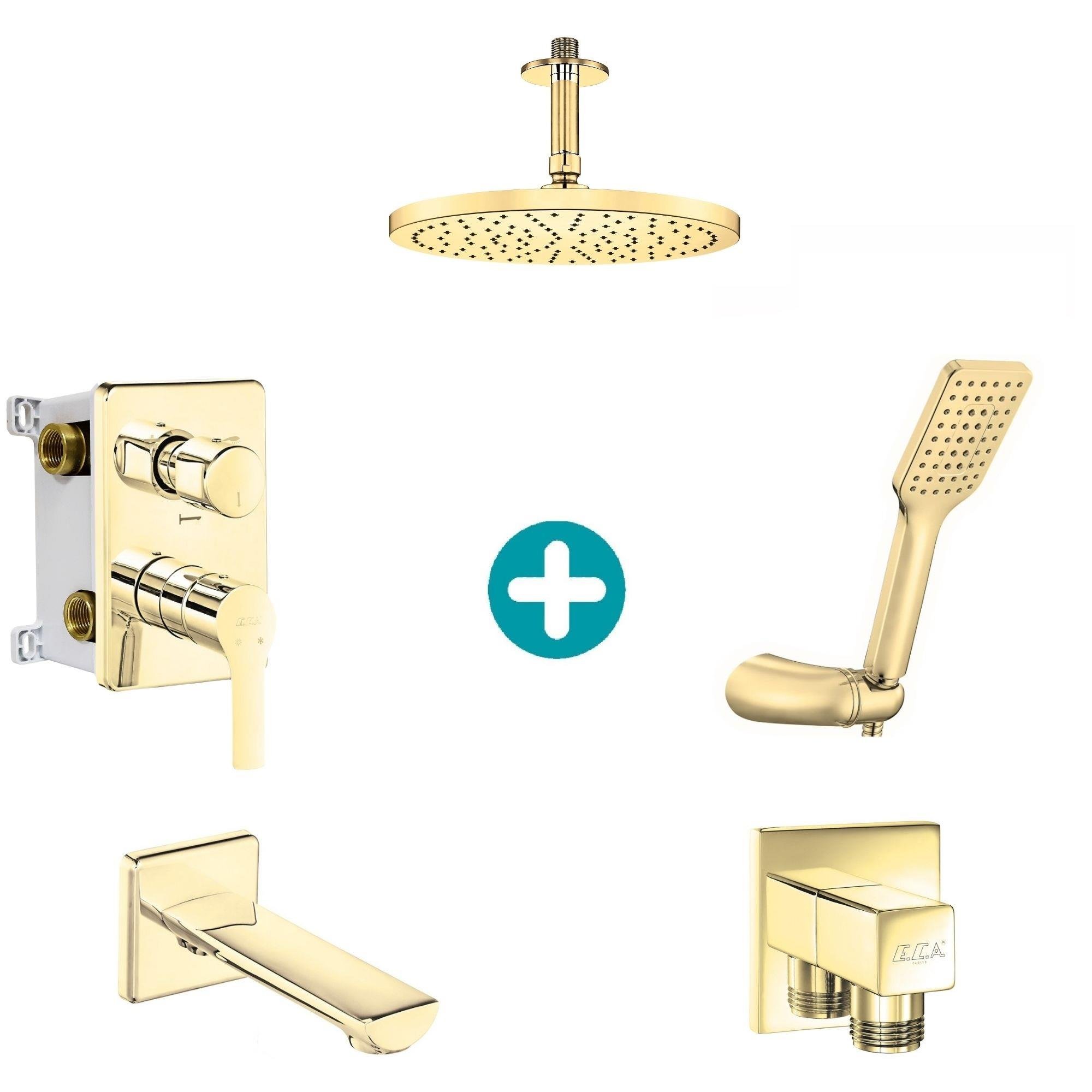 ECA Luna Ankastre Gömme Banyo Bataryası Altın Renkli Duş Seti Tüm Parçalar Dahil Tavandan Yuvarlak Başlık