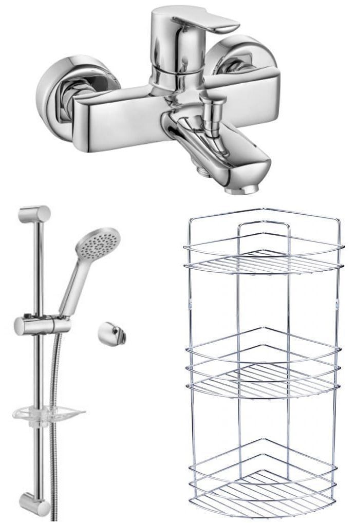ECA Luna Banyo Bataryası+Luna Sürgülü Duş Takımı+3'lü Köşe Raf  (450+028+Metal Şampuanlık) 3'lü Set 