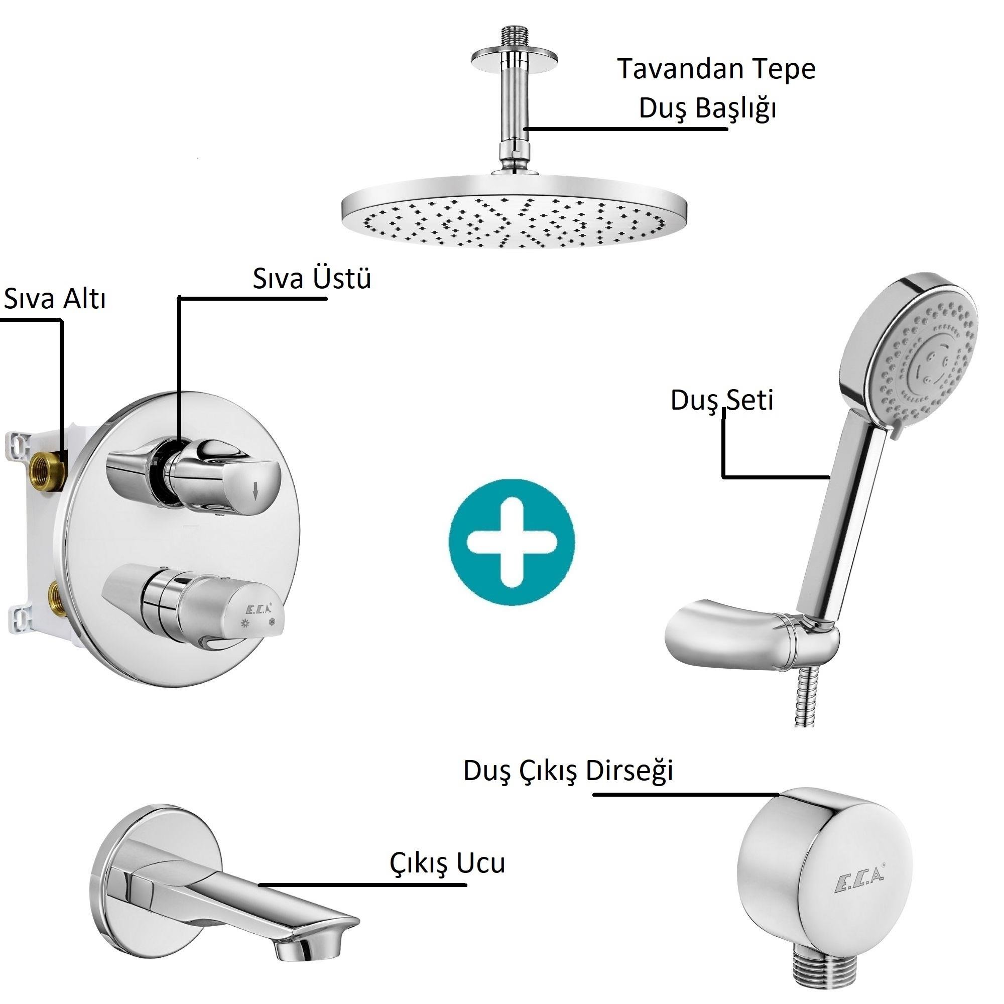 ECA Myra Ankastre Gömme Banyo Bataryası Duş Seti Tüm Parçalar Dahil Tavandan