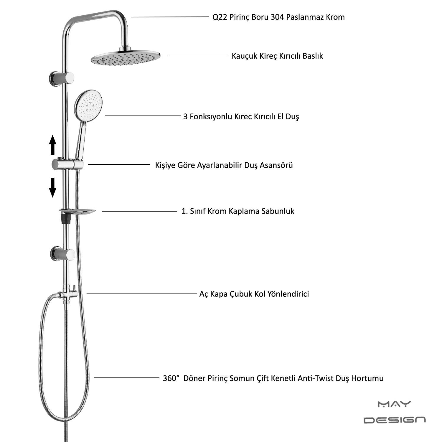 ECA Myra Banyo Bataryası+T-MAY Banyo Bostan Oval Tepe Duş Takımı Seti Paslanmaz Krom