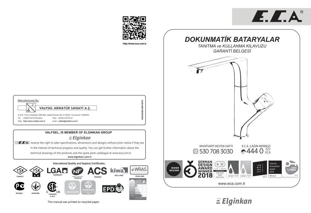 ECA Myra Dokunmatik Yüksek Tip Lavabo Bataryası 102188030H