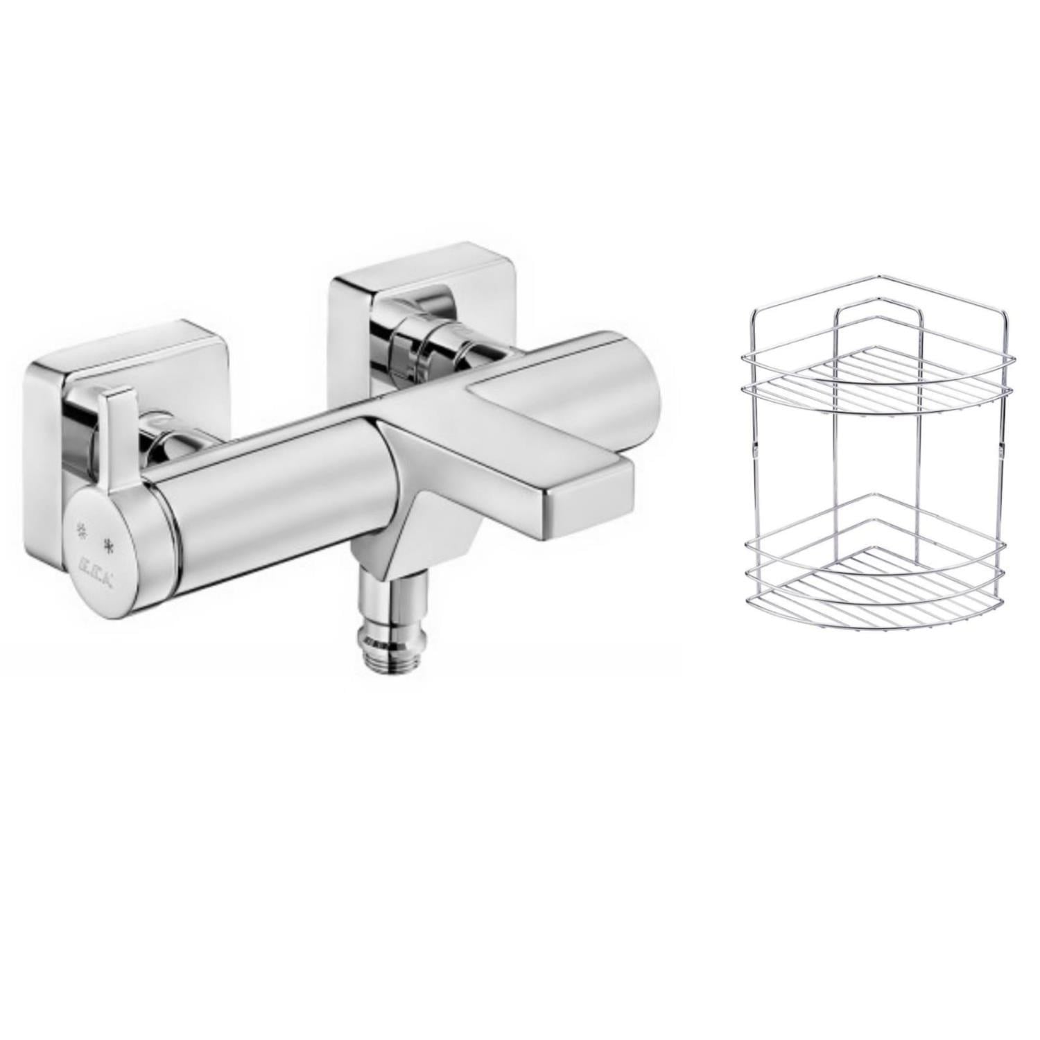 ECA Purity Banyo Bataryası 477H+Metal Tel Süngerlik 2'li Köşe Raf   Krom Şampuanlık 2'li Set