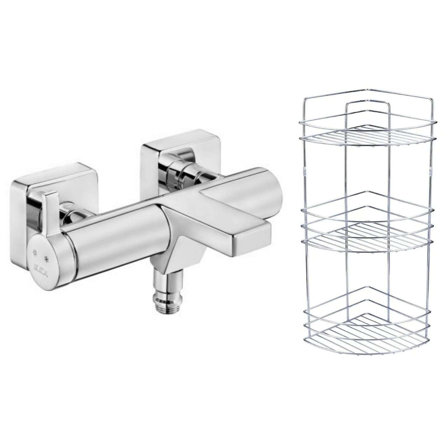 ECA Purity Banyo Bataryası 477H+Metal Tel Süngerlik 3'lü Köşe Raf   Krom Şampuanlık 2'li Set