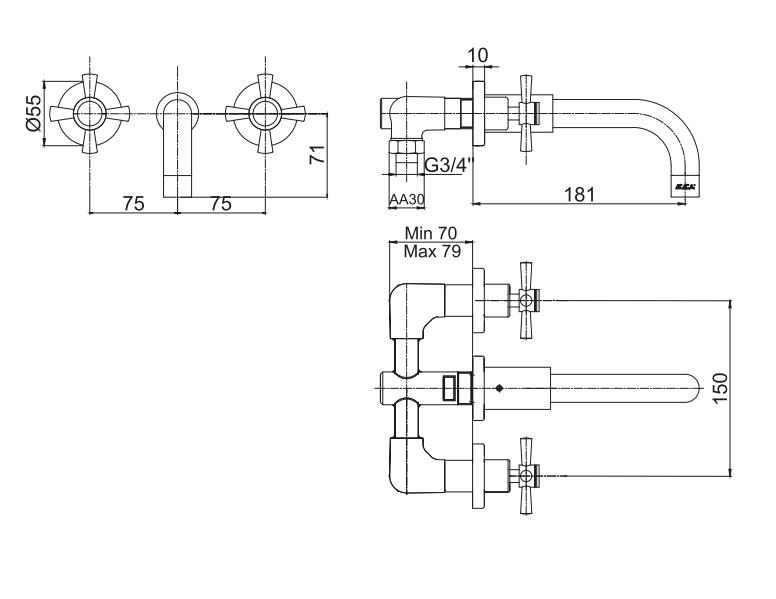 ECA Quadrille Ankastre Lavabo Bataryası Duvardan Altın Renkli 102806029