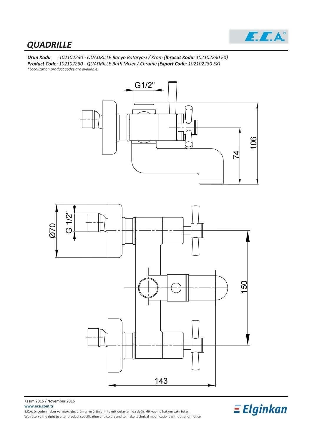 ECA Quadrille Banyo Bataryası + ECA Zafir Mafsallı Duş Seti Banyo Üst Takımı