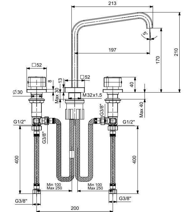 ECA Royal Ankastre Lavabo Bataryası 3 Delikli Tezgah Üstü Mat Siyah 102105666C1