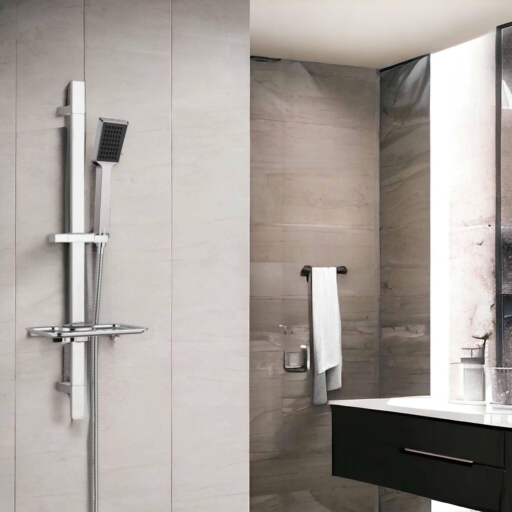 ECA Royal Banyo Bataryası + T-MAY Arya Kare Borulu Hareketli Sürgülü Duş Seti Üst Takımı