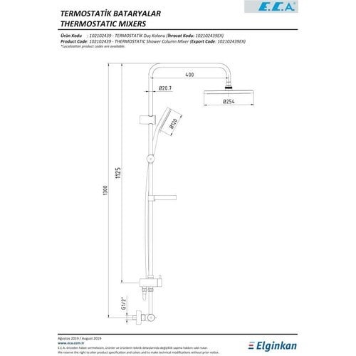 ECA Termostatik Teleskobik Kolonlu Banyo Duş Bataryası 102102490  Isı Ayarlı Tepe Duş Seti Takımı