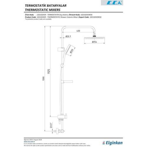 ECA Termostatik Teleskobik Kolonlu Banyo Duş Bataryası 102102490  Isı Ayarlı Tepe Duş Seti Takımı