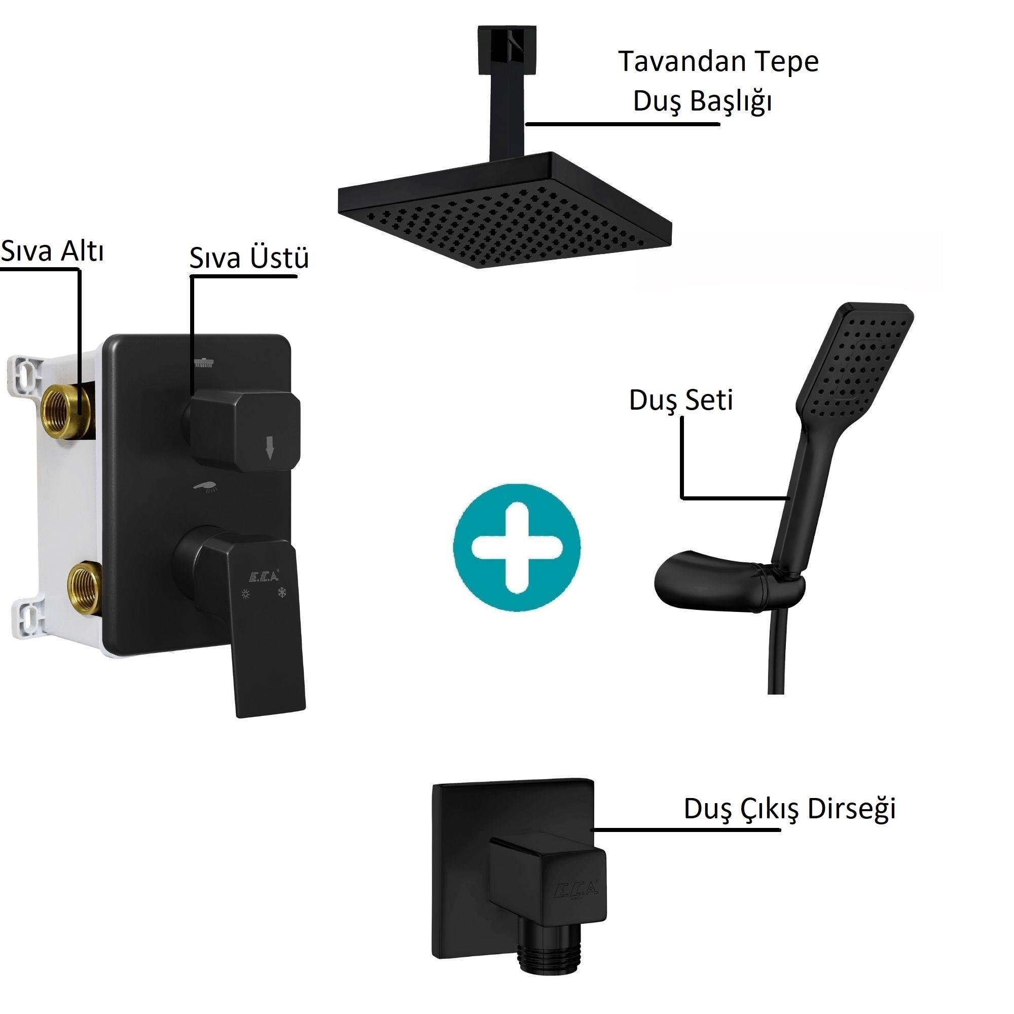 ECA Tiera Ankastre 2 Yollu Gömme Banyo Bataryası Mat Siyah Duş Seti Tüm Parçalar Dahil Tavandan
