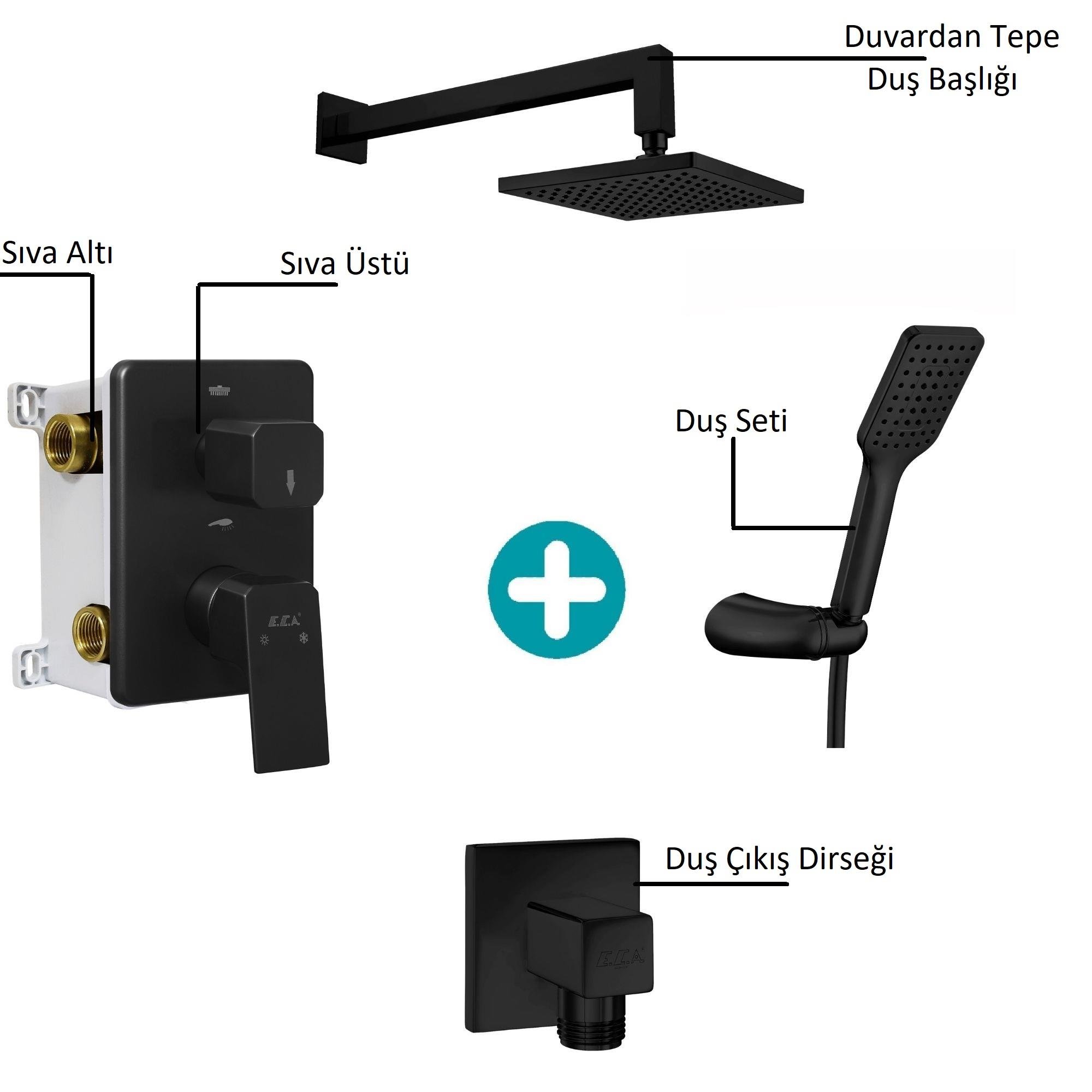 ECA Tiera Ankastre 2 Yollu Gömme Banyo Bataryası Mat Siyah Duş Seti Tüm Parçalar Dahil