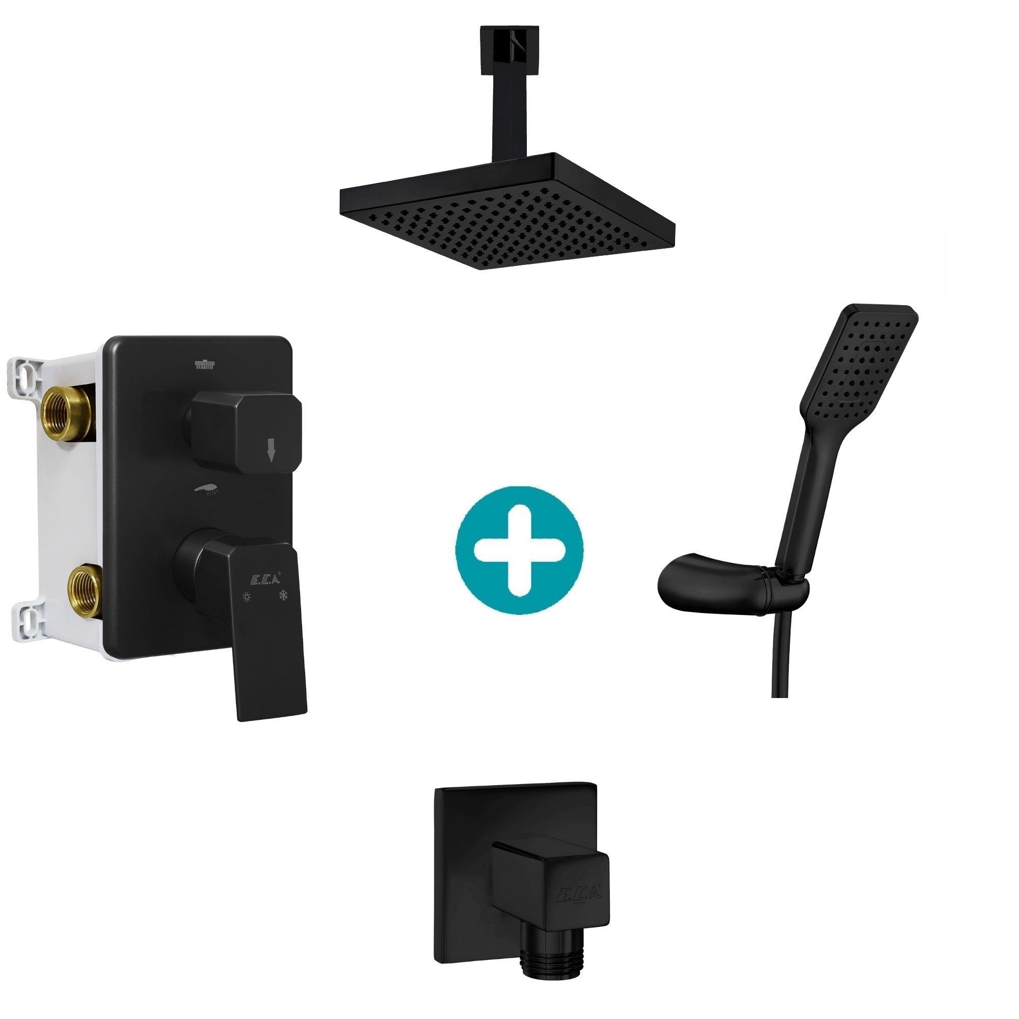 ECA Tiera Ankastre 2 Yollu Gömme Banyo Bataryası Mat Siyah Duş Seti Tüm Parçalar Dahil Tavandan