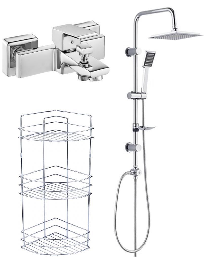 ECA Tiera Banyo Bataryası+TEMA Rain Quadro Tepe Duş Takım+3'lü Raf  (469+53240+Süngerlik) 3'lü Set
