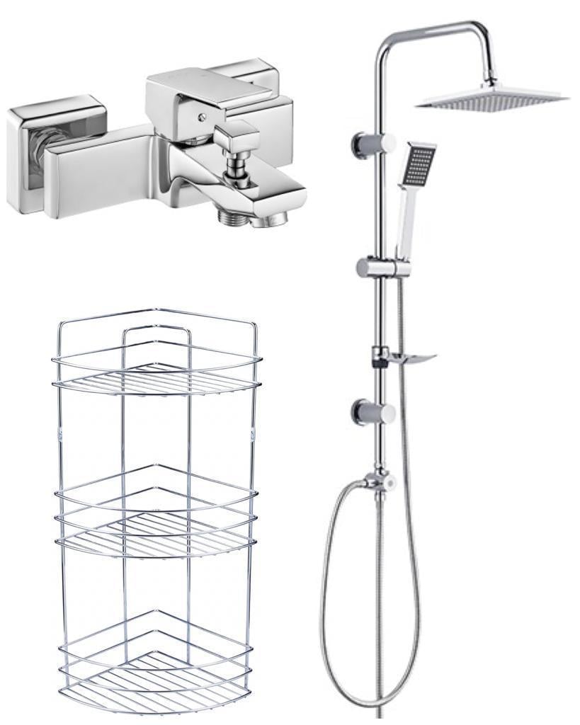 ECA Tiera Banyo Bataryası+TEMA Rain Quadro Tepe Duş Takım+3'lü Raf  (469+53240+Süngerlik) 3'lü Set