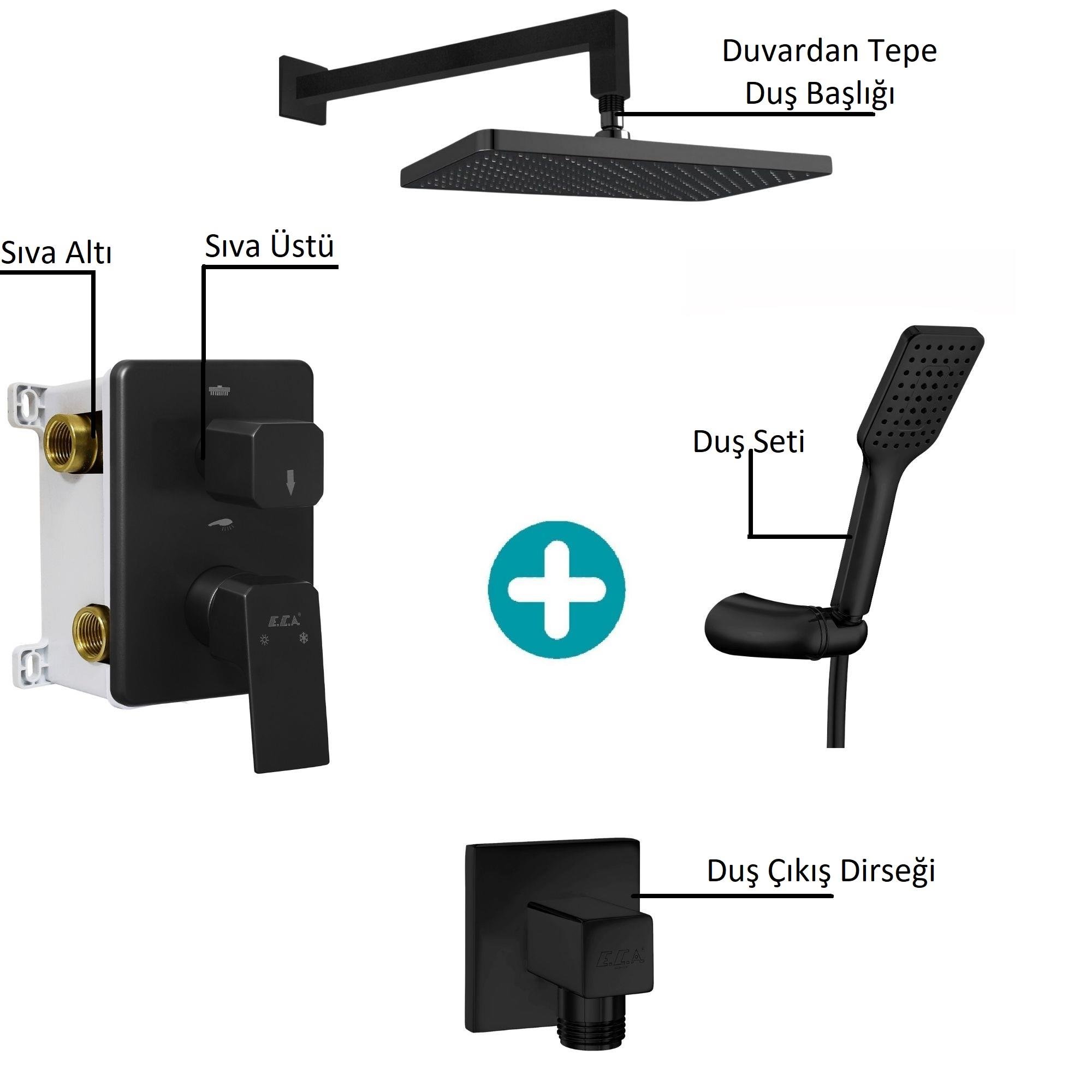 ECA Tiera Plus Ankastre 2 Yollu Gömme Banyo Bataryası Mat Siyah Duş Seti Tüm Parçalar Dahil