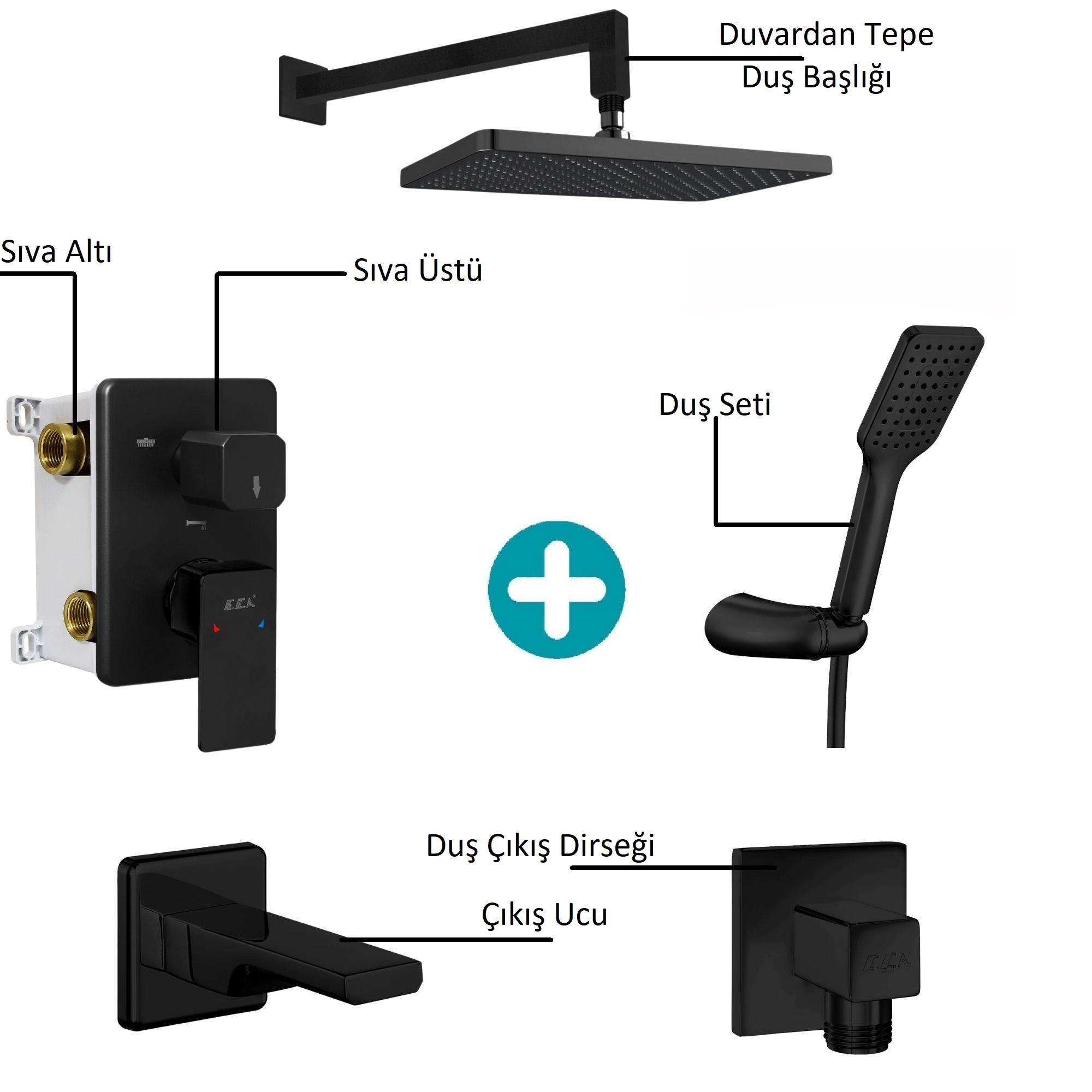 ECA Tiera Plus Ankastre Gömme Banyo Bataryası Mat Siyah Duş Seti Tüm Parçalar Dahil