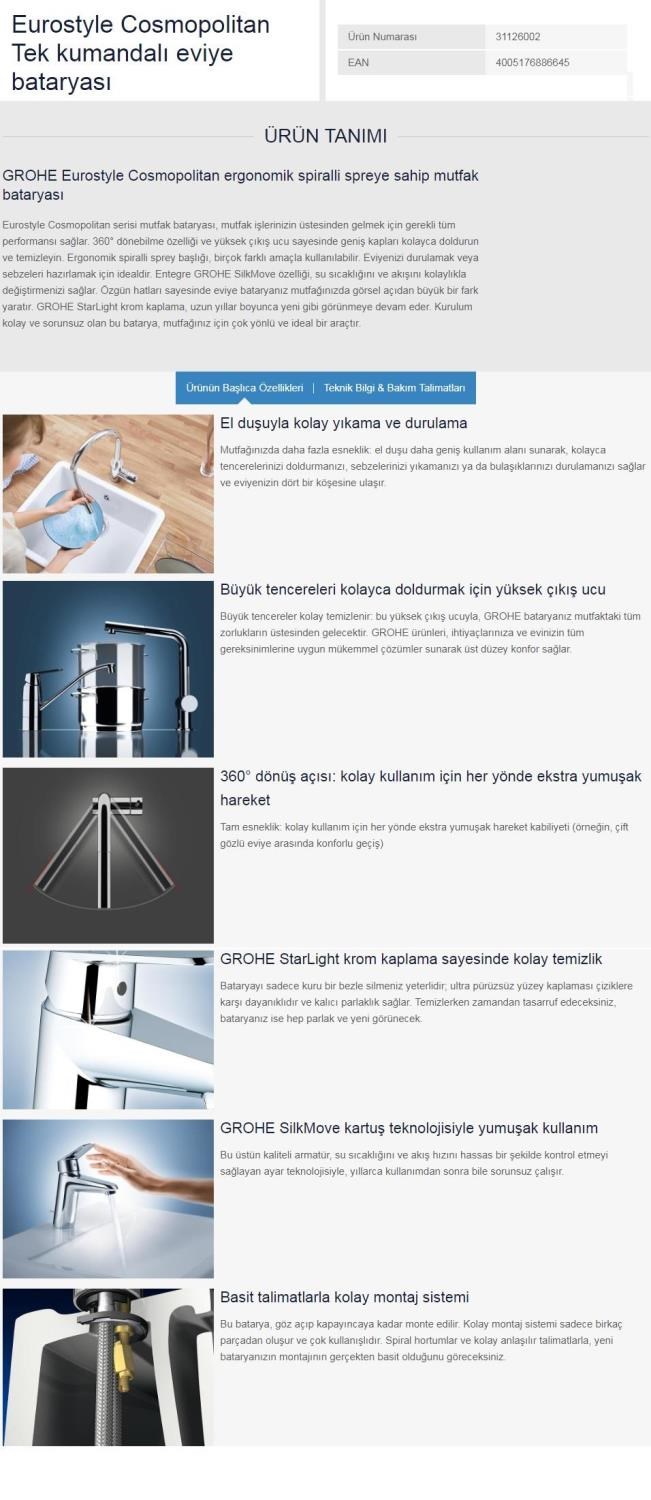 Grohe Eurostyle Cosmopolitan Mutfak Eviye Bataryası 31126002