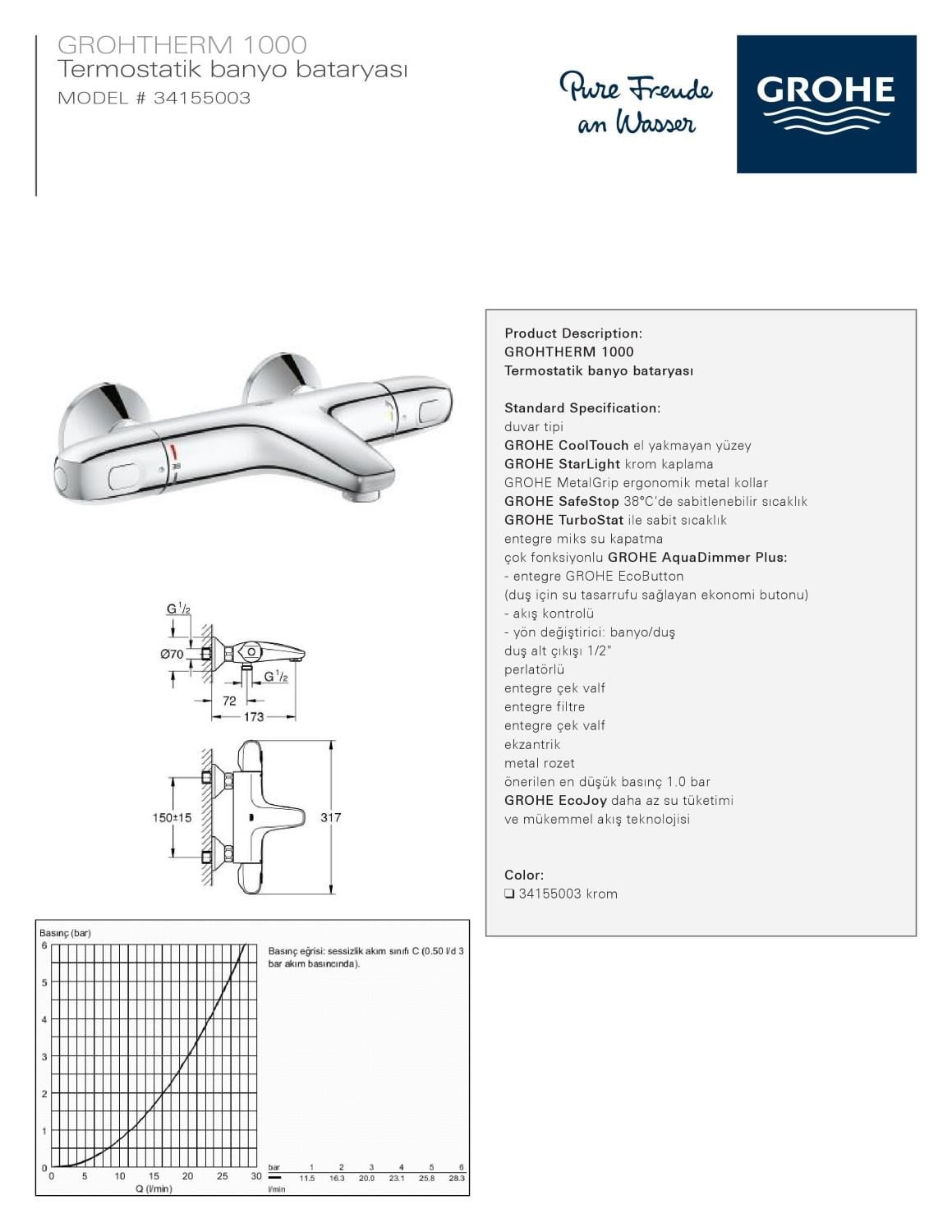 Grohe Grohtherm 1000 Termostatik Banyo Bataryası New Tempesta Tepe Duş Seti