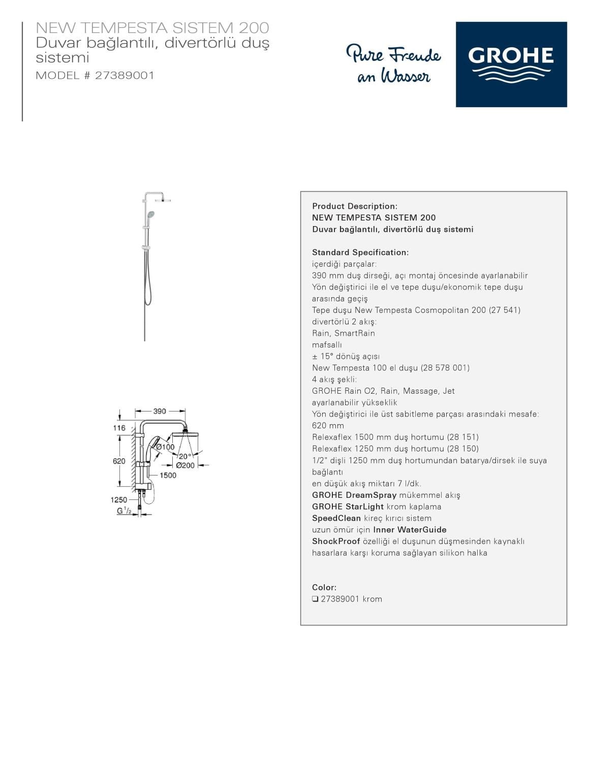 Grohe Grohtherm 1000 Termostatik Banyo Bataryası New Tempesta Tepe Duş Seti