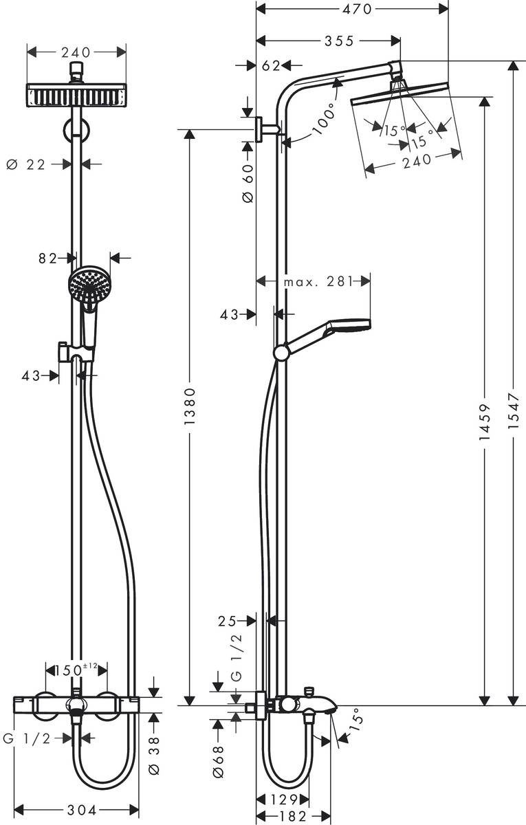 Hansgrohe Crometta E240 Termostatik Kolonlu Duş Seti Isı Ayarlı    Banyo Bataryası Takımı