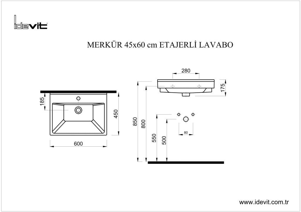 İDEVİT 60CM Merkür Dolap Uyumlu 25MM İnce Bantlı Lavabo