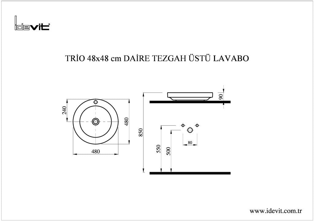 İDEVİT Trio Tezgah Üstü Daire Lavabo (48X48)