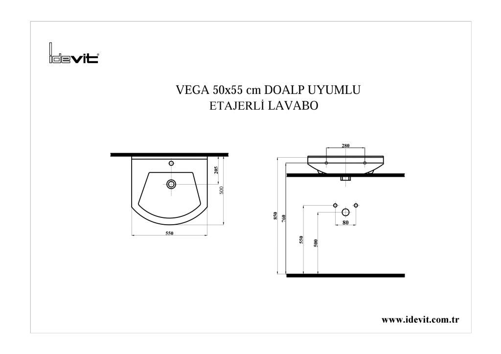 İDEVİT Vega 55CM Hilton Dolap Uyumlu Etejerli Lavabo 5 Yıl Garanti